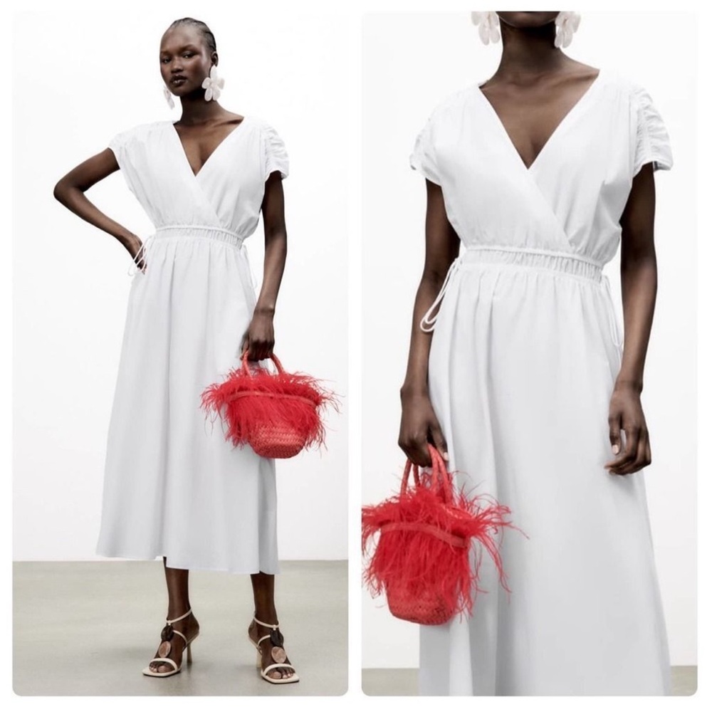 Zara White Elastic Waist Poplin Dress!